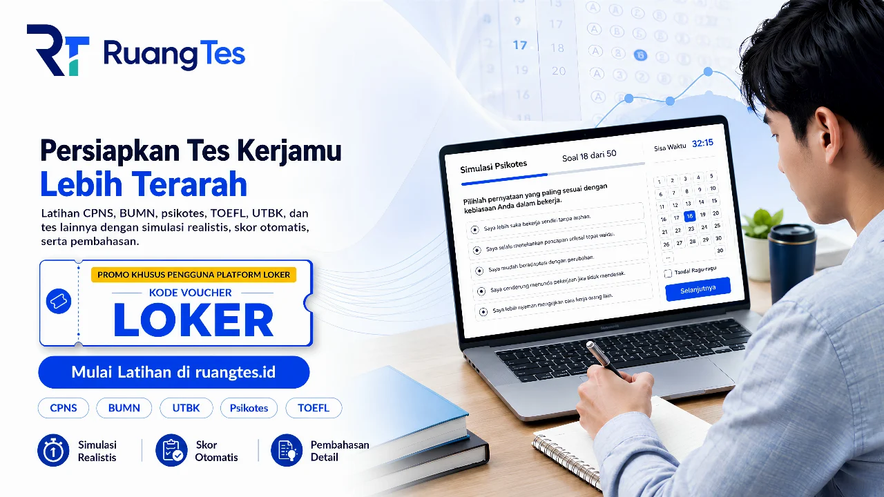RuangTes simulasi tes kerja CPNS, BUMN, psikotes, TOEFL, UTBK dengan skor otomatis dan pembahasan